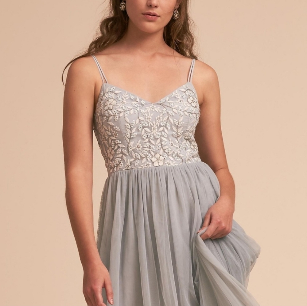 Anthropologie BHDLN Elowen Maxi Dress Gray and White Tulle Maxi Dress Sz 12
